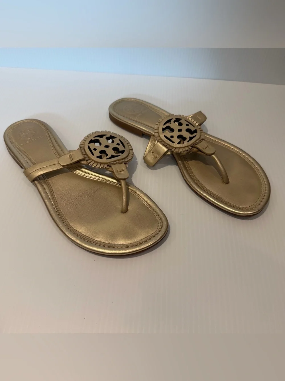 Tory Burch Miller Gold Leather Logo-Embellished Thong Sandals